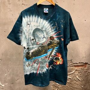 Vintage 1997 Star Wars Liquid Blue Adult Death Star Falcon Double Sided Tee L 90